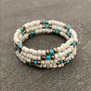 Handcrafted White, Turquoise & Bronze Beaded Coil Bracelet